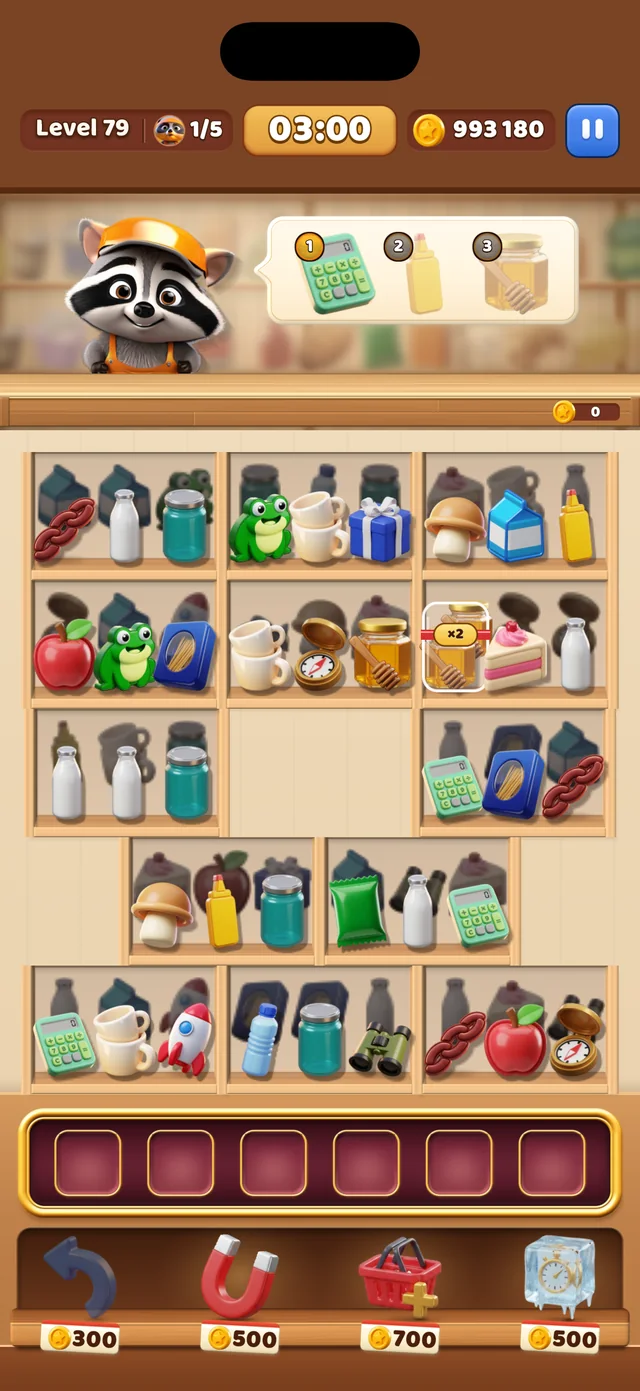 Acorn Mart gameplay: a raccoon customer's order at the top, deep shelves of products, the basket and boosters below.