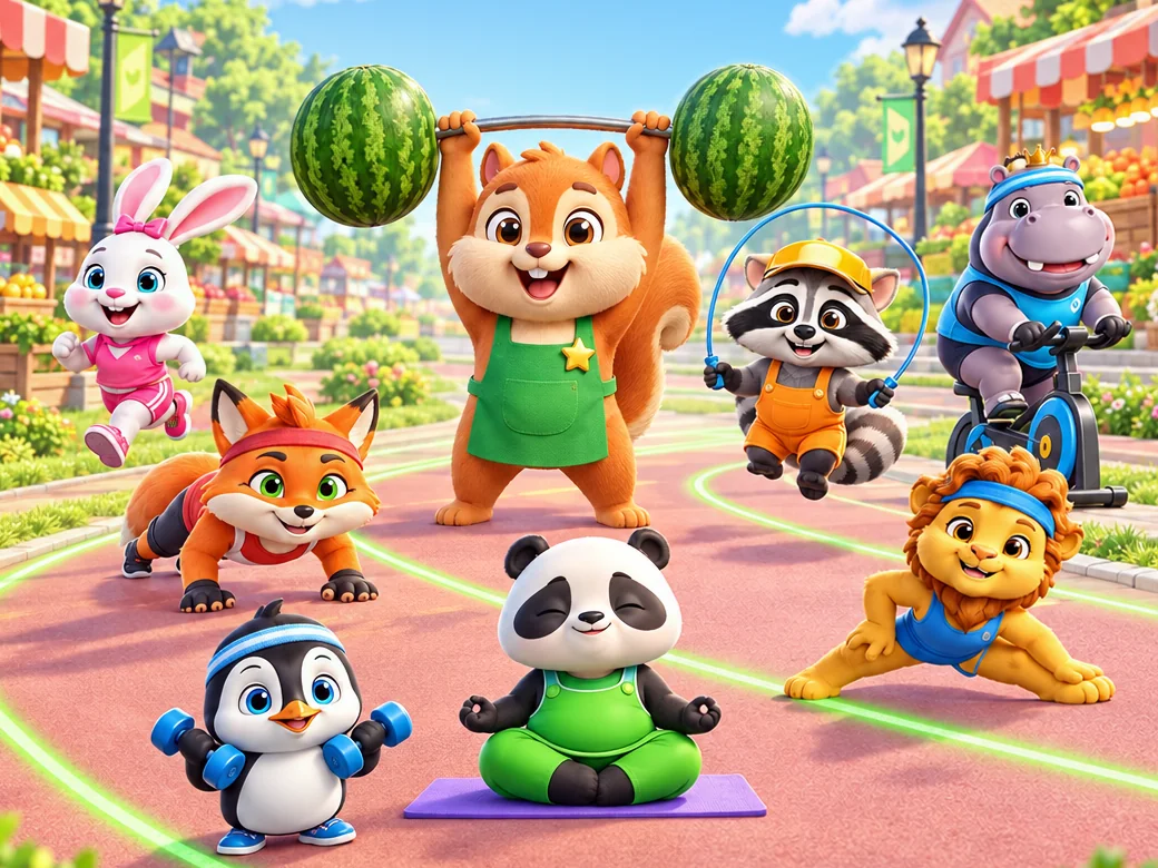 Acorn Mart characters exercising together on a running track.